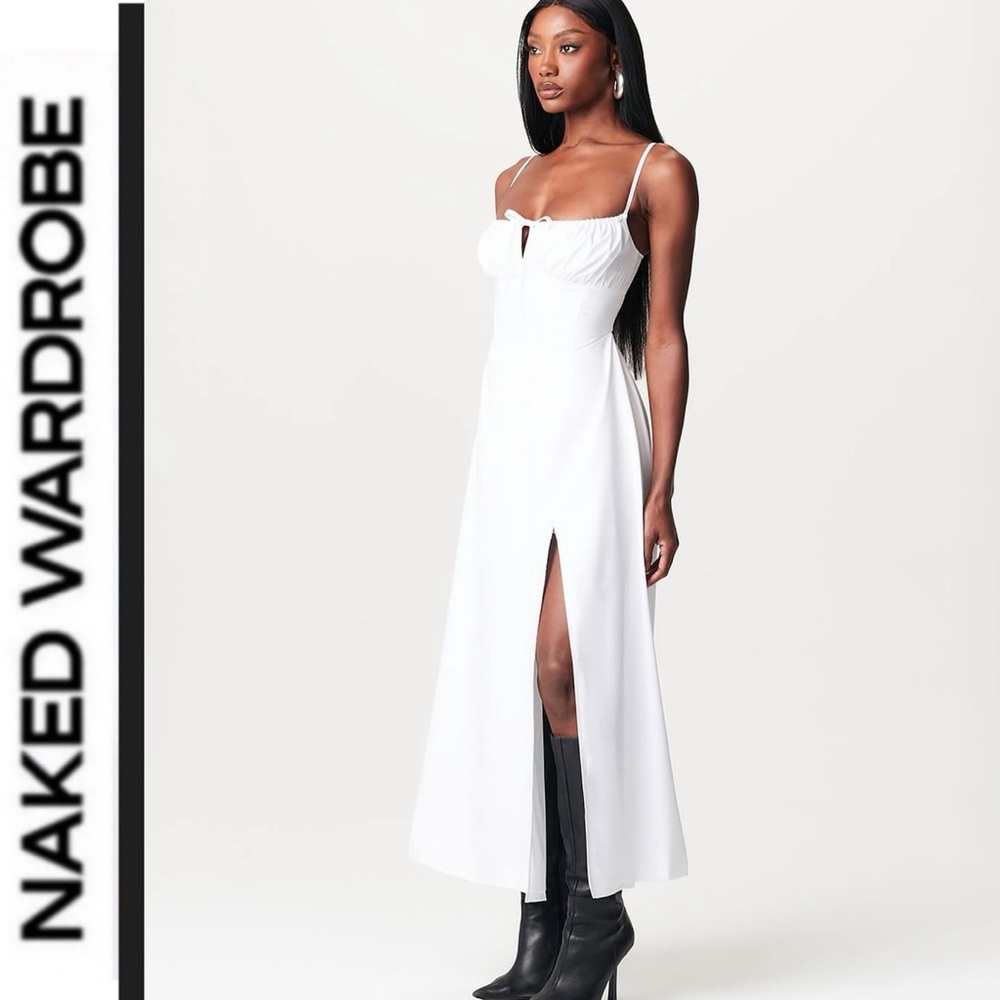 Naked Wardrobe🤍corset back Spaghetti-Strap Mid A-Line Dress with Front Slit